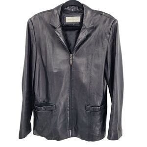 Vintage 90's Jones New York Leather Moto Blazer Jacket Coat L Black Zip Up Glam